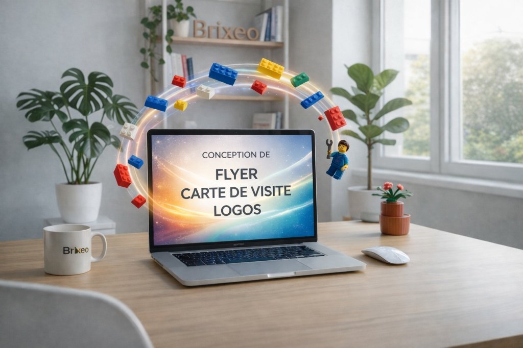 Aperçu des créations graphiques Brixeo : Flyers, Cartes de visite, Logos sur Macbook
